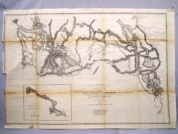 1853 Map Rail Route Rocky Mountains Puget Sound: 1853 Map of Railroad Route Rocky Mountains to Puget Sound. Measures 38" x 27". Fragile paper map from Explorations Surveys made under the direction of Honorable Jefferson Davis, Secretary of War of th