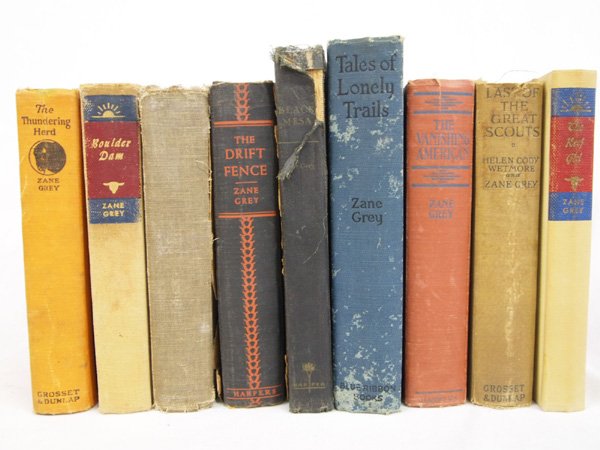 9 Zane Grey Hardback Books, some 1st Editions: Nine Zane Grey Hardback Books. Earliest Printing 1913. Some binding coming apart. Some First Editions