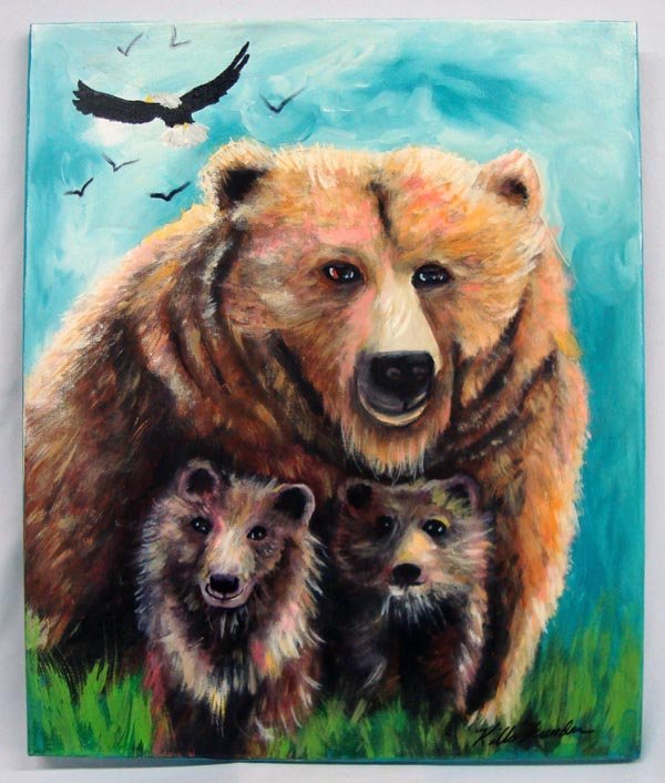 Original Acrylic on Canvas Painting-Kills Thunder: Original Acrylic on Canvas Painting-Kills Thunder. Mama Bear and Cubs measures 24''H x 20''W. This picture is signed, dated and painted in the bold colorful style traditional to this Arizona artist.