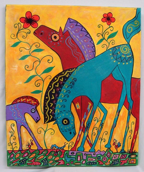 Original Acrylic on Canvas Painting-Kills Thunder: Original Acrylic on Canvas Painting-Kills Thunder. Measures 24''H x 20W, ''My Little Ponies'' is signed, dated and painted in the bold colorful style traditional to this Arizona artist.