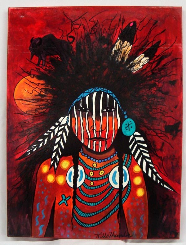 Original Acrylic on Canvas Painting-Kills Thunder: Original Acrylic on Canvas Painting-Kills Thunder. ''Chief Red Feather'' measures 24''H x 20''W. Signed, dated and painted in the bold colorful style traditional to this Arizona artist.