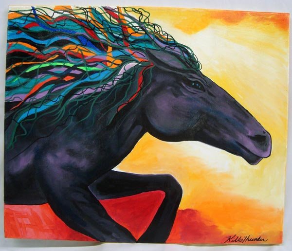 Original Acrylic Painting on Canvas-Kills Thunder: Original Acrylic Painting on Canvas-Kills Thunder. Wild Stallion running in the Wind measures 20''H x 24''W. Signed, dated and painted in the bold colorful style traditional to this Arizona artist.