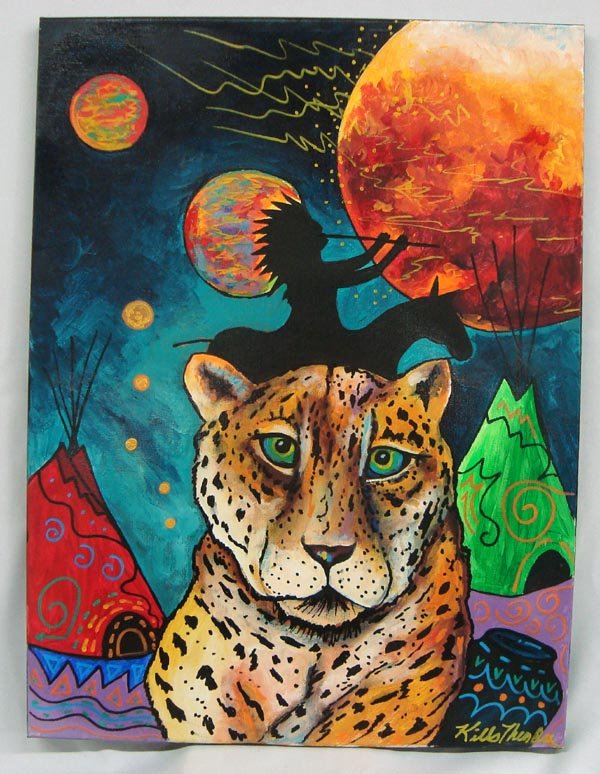 Original Acrylic on Canvas Painting-Kills Thunder: Original Acrylic on Canvas Painting-Kills Thunder. ''Magic Raven'' measures 24''H x 20''W. Signed, dated and painted in the bold colorful style traditional to this Arizona artist.