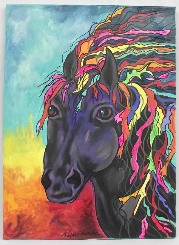 Acrylic Painting The Wild Pony - Kills Thunder: Acrylic Painting The Wild Pony - Kills Thunder. It is on stretched canvas and measures 18'' x 24''. By Arizona artist, Kills Thunder, whose work on canvas and in beads is becoming highly sought after.