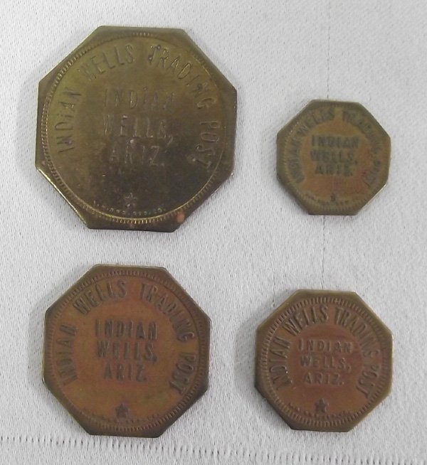 Four 1900 Indian Wells Trading Post Tokens: Four 1900 Indian Wells Trading Post Tokens, Indian Wells,AZ - Navajo County. Good for 50 cents, 25 cents, 10 cents & five cents in trade.