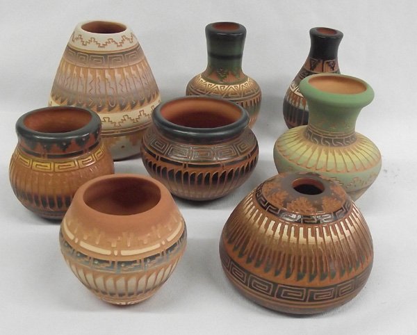 Miniature Navajo Pots - Terry Smith and V Tsosie: 8 Mini Navajo Pots - Terry Smith and V Tsosie. A great collection of Navajo pottery by two well known artists. Terry Smith did the five glossy glazed pieces and the smallest flat finish bowl. The othe