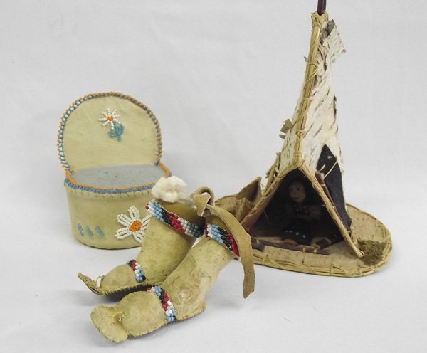 1940s Iroquois Collectibles: 1940s Iroquois Leather Beaded Pin Cushion, Beaded high top moccasins and Birch bark tipi with doll inside. Tipi is 7.5''H x 6.5''L x 6''W.