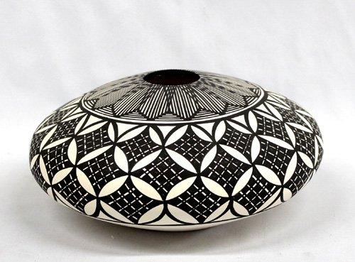Acoma Seed Jar -- B D Garcia: Large Acoma Seed Jar - B D Garcia. Acoma black on white with fine line sun ray design around center opening and flower designs around body. Perfectly symetrical. A truly gorgeous bowl that is signed o