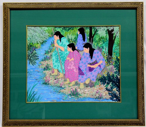 Original Framed Painting ''Soon'' - Virginia Stroud: Original Framed Gouche Painting''Soon'' - Virginia Stroud. Four girls peer into the water, waiting for a fish to appear in this Stroud painting titled appropriately ''Soon.'' It measures 19'' x 15.75'