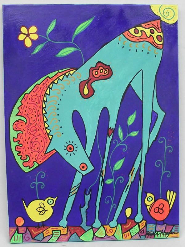 Acrylic Painting My Wild Pony - Kills Thunder: Acrylic Painting My Wild Pony - Kills Thunder. It is on stretched canvas and measures 18'' x 24''. By Arizona artist, Kills Thunder, whose work on canvas and in beads is becoming highly sought after.