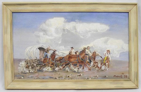 Oil Painting Runaway Covered Wagon - Roberts: Oil Painting Runaway Covered Wagon - Roberts. We believe this exciting original oil painting is by Colorado artist, Jack Roberts. It is signed in the lower right corner, ''Roberts 58''. We have not be