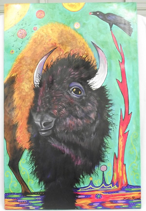 Acrylic Painting Coming Home - Kills Thunder: Acrylic Painting Coming Home - Kills Thunder. It is on stretched canvas and measures 24'' x 36''. By Arizona artist, Kills Thunder, whose work on canvas and in beads is becoming highly sought after.