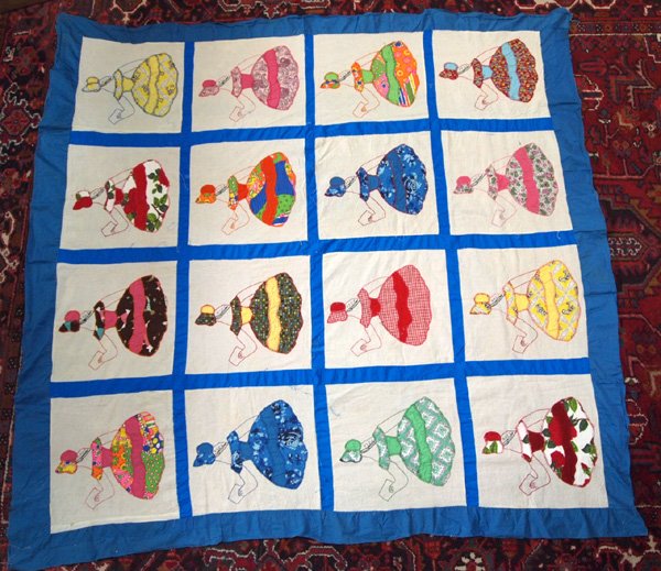 Antique Applique Reversible Coverlet Sunbonnet Sue: Antique Applique Reversible Coverlet Sunbonnet Sue.This is a muslin and blue cotton coverlet with applique blanket stitched figures. It has some small tears and holes and some small stains on the edge