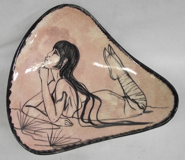 Ceramic Shallow Bowl: Ceramic Shallow Bowl. A beautiful girl is lounging in this gracefully curved bowl. It is signed on the bottom, ''made especially for DON FERNANDO's TAOS by RENA.'' It measures 11'' x 12'' x 4.25''.