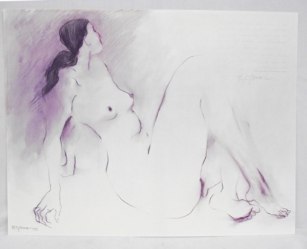 Signed R C Gorman Print - Nude Reclining Woman: Signed R C Gorman Print - Nude Reclining Woman. Print with quote from D. H. Lawrence's ''Lady Chatterly's Lover'' in the upper right corner and Gorman's signature just below it. It measures 19.5''W x 