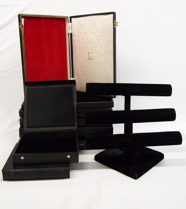 Jewelry Display Trays, Boxes, Stands: Jewelry Display Trays, Boxes, Stands. Includes a three tier stand 10''H x 12''; 4 velvet lined trays measuring 8.25''x14.25''x1'', two 1.5''H trays and two satin and velvet lined boxes with snap closu