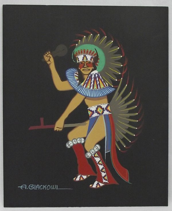 Original Art- Cheyenne Artist Archie Blackowl: Original Art- Cheyenne artist,Archie Blackowl. 11.5''H x 10''W. His paintings, generally in tempera or mixed media depict scenes of ceremonies or dancers adorned with traditional regalia and lack of b