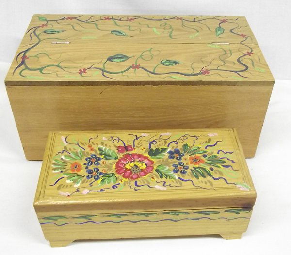 Small Wood Desk Cabinet and Storage Box, 2 Pcs.: 1)Small Wood Desk Secretary Cabinet and Storage Box. The box is a hand made desk secretary with 4 drawers, mail slots and note holders and it folds shut. Two handles on the sides and hand painted vine