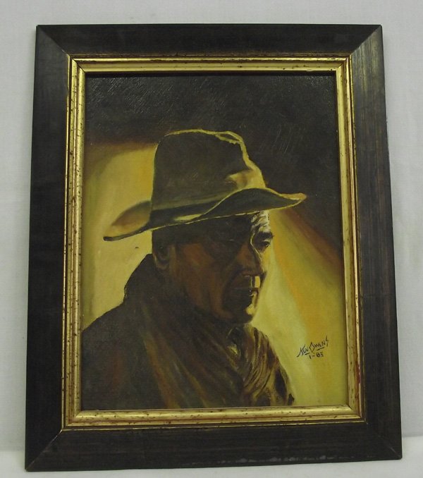 1983 Framed Oil Painting of John Wayne - Ken Owens: 1983 Framed Oil Painting of John Wayne - Ken Owens. Wonderful light and colors in this oil painting of John Wayne. The visual measures 13.5''H x 10.5''W and is in a wood frame. There is a Hand written