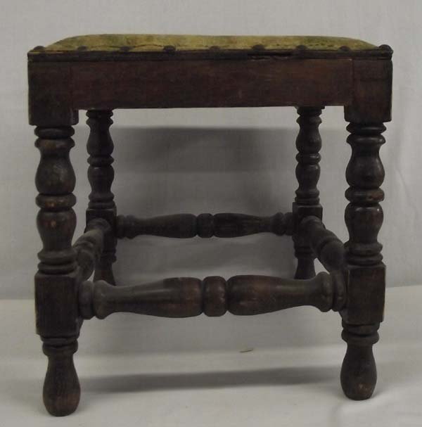 Antique Footstool William & Mary Style: Antique Footstool William & Mary Style. Sweet little footstool, measuring 13'' tall and 12'' square. The construction and turnings are reminiscent of the William & Mary style of furniture. The top loo