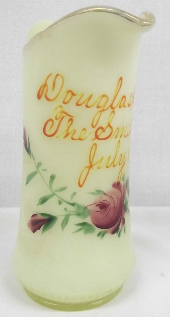Custard Glass Souvenir Pitcher, Douglas AZ: Custard Glass Souvenir Pitcher, Douglas AZ. Sweet little handpainted custard glass pitcher from ''The Smelter City'', Douglas, Arizona, dated July 4th, 1908. Slight gilding loss on edge of the piece b