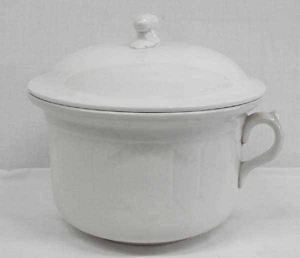 Royal Ironstone Chamber Pot With Lid: Royal Ironstone Chamber Pot With Lid. Applied handle chamber pot with lid. Interior crazing which is normal for this type of ironstone. The handled lid has a couple minor chips on the underside and is