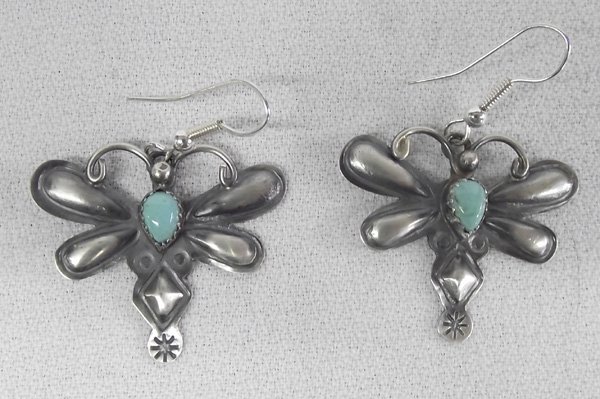 Navajo Turquoise Sterling Earrings- Tim Yazzi: Navajo Turquoise Sterling Butterfly Earrings- Tim Yazzi. 2'' L including wire x 1.5''W. Brushed old world look with French wires.
