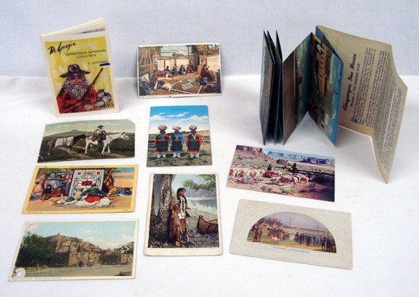 Western and Native American Theme Postcards: Antique,vintage western and Native American Themed Postcards. Over 50, some written out and dated as early as 1908 with the one cent stamps. Two Fred Harvey postcards, souvenir fold out postcard books