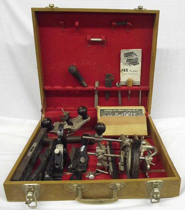 Stanley No45 Plane-Seven Planes in One- Wood Box: Stanley No45 Plane-Seven Planes in One- & Wood Tool Box. This is a partially complete set of the Stanley No. 45 Plane which is titled, ''Seven Planes in One.'' It includes a wood box holding the cutte