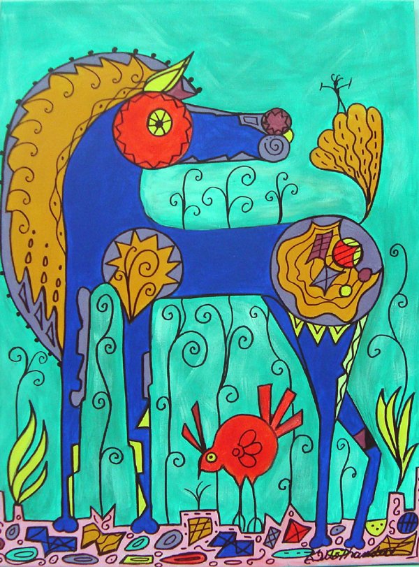 Acrylic Painting on Canvas Circus Pony - Kills Thunder: Acrylic Painting Circus Pony - Kills Thunder. Kills Thunder is becoming very well known and sought after for her colorful paintings of native americans and animals. This one is titled, ''Circus Pony a