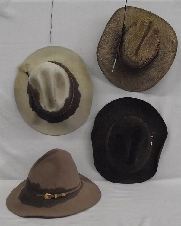 Four Cowboy Hats, Well Seasoned Lonesome Dove Type: Four Cowboy Hats, Well Seasoned Lonesome Dove Type. Here's a collection of cowboy hats that have everything, well-worn and seasoned, authentic in every detail. Two of the hats have woven horse hair ba