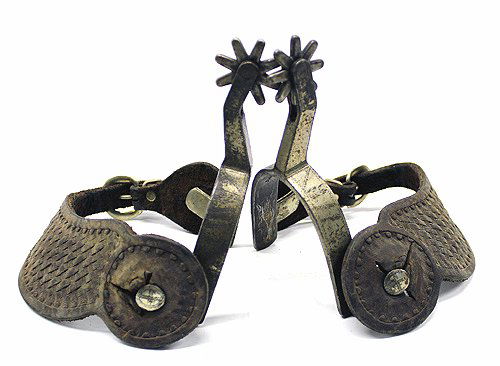 Antique 1920's Boone Double Mounted Spurs: Antique 1920's Boone Double Mounted Spurs, each spur is marked BOONE (backwards N) on inside of heel shank, the Boone family was a family of spur makers that made a large range of designs and styles.