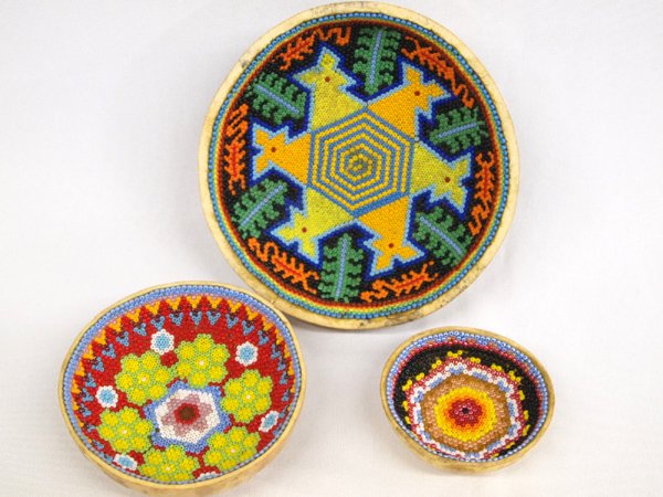 Three Huichol Beaded Gourd Bowls: Three Huichol Beaded Gourd Bowls. Spectacular and intricate beadwork in these nested gourd bowls. The colors are bright and the designs are outstanding. The bowls were used as ceremonial offerings to