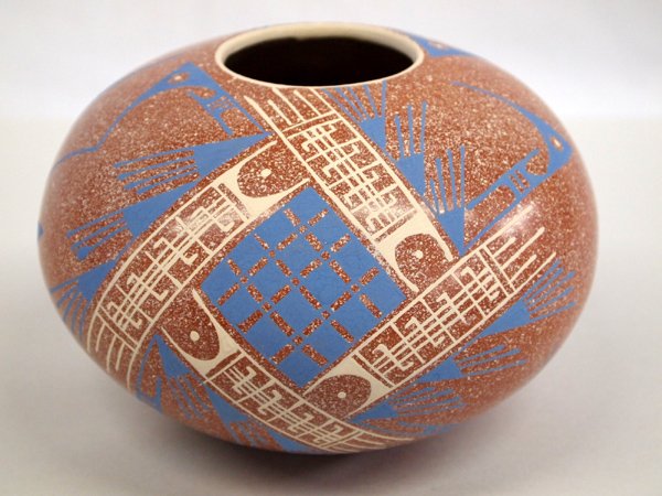 Mata Ortiz Splatter Design Pottery Bowl - C Ortiz: Mata Ortiz Splatter Design Pottery Bowl - C Ortiz. Lovely bowl with a splatter paint look brown background and blue and black geometric designs. Signed on the bottom by the artist Ceci (?) Ortiz. Meas