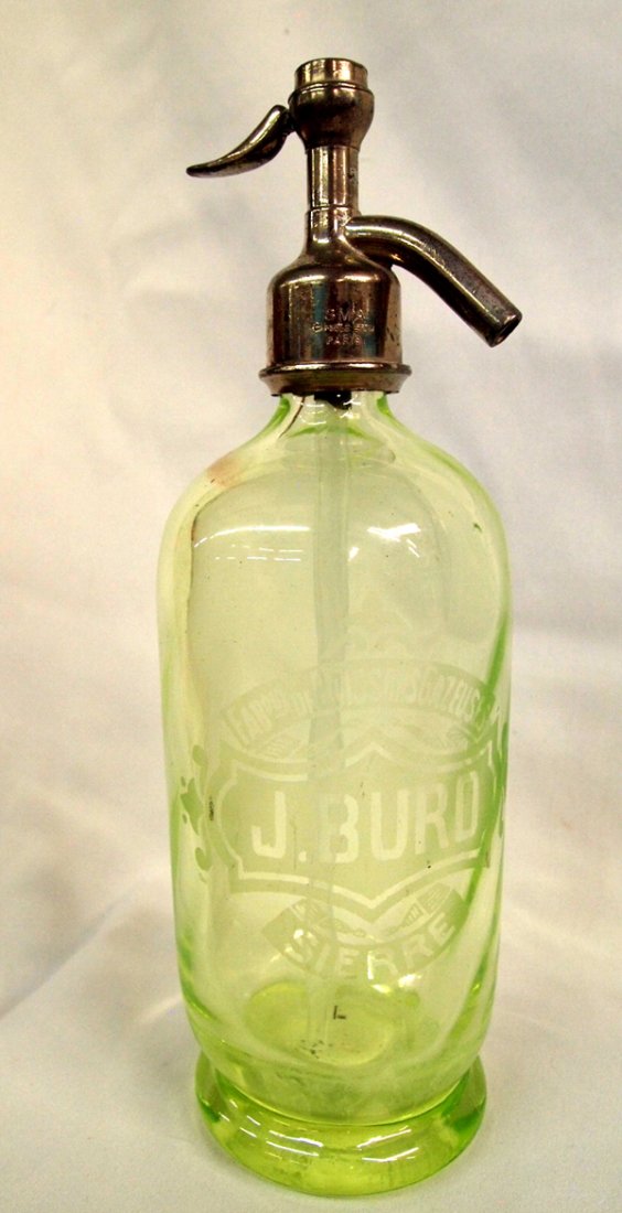 Vintage J. Buro Sierre Seltzer Bottle: This is a fabulous Vintage J. Buro Sierre Seltzer Bottle in green vaseline glass, all intact and nice, the glass does have a swirl to it, it has the old, old footed shaped base, The etching reads FABQ