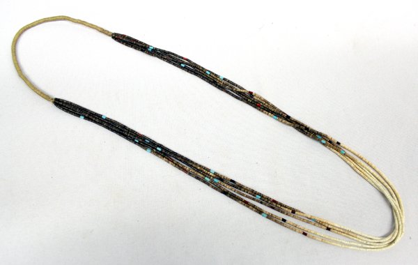 Santo Domingo Five Strand Heishi Necklace: Santo Domingo Five Strand Heishi Necklace, stunning beadwork, very fine turquoise-pink shell--jet--pipe stone--pin shell beads, string tied, measures 30'' end to end