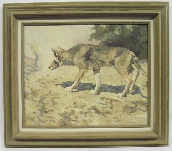 Original Oil ''Coyote'' -- Crystal Foreman Peterson: 1988 Original Oil ''Coyote'' -- Crystal Foreman Peterson (Crystal Foreman Brown), signed in lower right hand corner ''Crystal Foreman Peterson '88'', beautifully framed, minor crazing, features coyote