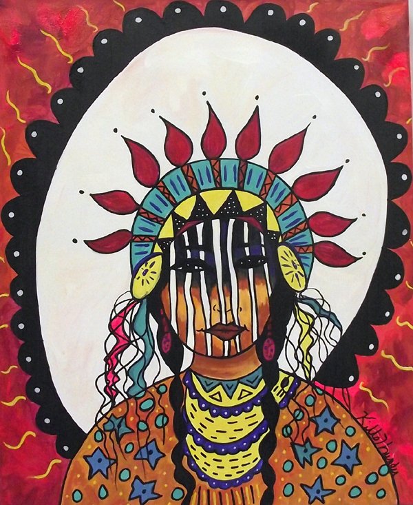 Acrylic Painting Princess Tall Chief Kills Thunder: Acrylic Painting Princess Tall Chief - Kills Thunder. Strength radiates from this princess painted by Arizona artist, Kills Thunder, May 2013. It is on stretched canvas, edge gallery and measures 24''