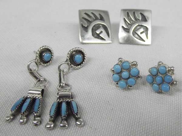 Zuni & Hopi Sterling Pierced Post Earrings: Zuni & Hopi Pierced Sterling Turquoise Earrings, #1 Pair Zuni Petit Point Turquoise Sterling Flower Earrings .5''D #2 Zuni Petit Point & Needlepoint Turquoise Sterling Dangle Earrings by Etsate #3 Hop