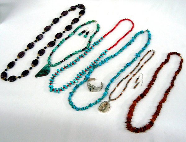 Collection of Gemstone Jewelry: Collection of Gemstone Jewelry, #1 Lace Agate Pendant Necklace and earrings (.75''L) by Sally Rocks, hallmarked, measures 18'' end to end and pendant 1.25'' x 1'' #2 Block Turquoise Nugget necklace, m