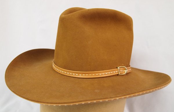 Classic Cowboy Hat by Larry Mahan: Classic Cowboy Hat by Larry Mahan. Beautiful cowboy hat which includes the original box. There are a few small moth holes in the hat and it appears it was gently worn. Nice contrasting tan hat band wi