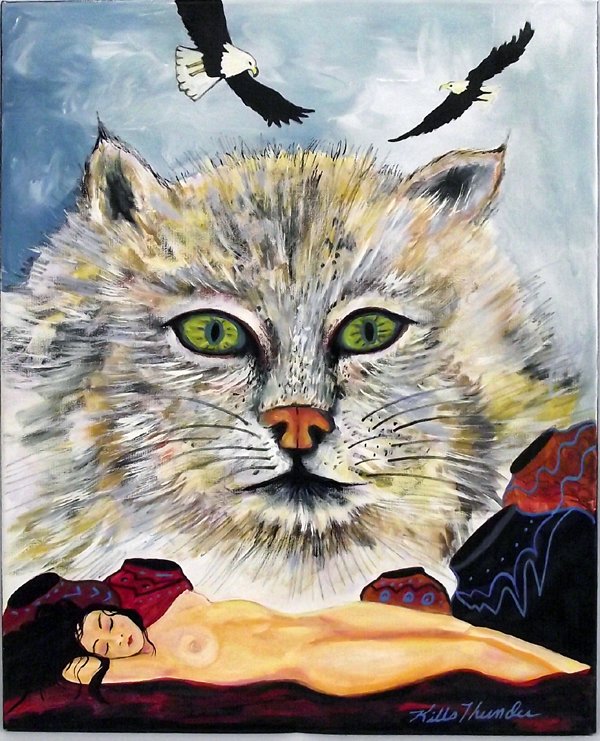 Acrylic Painting Dry Dream - Kills Thunder: Acrylic Painting Dry Dream - Kills Thunder. Larger than life kitty peers over sleeping maiden. January, 2013 painting by Arizona artist, Kills Thunder Measures 24H x 20''W and is signed on front and b