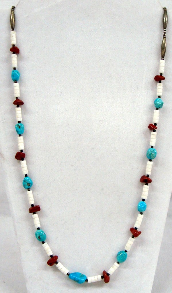 Pueblo Silver Turquoise Quartz Shell Bead Necklace: Pueblo Silver Turquoise Quartz Shell Bead Necklace. Pretty necklace with polished red quartz nuggets, turquoise nuggets and white shell disc beads. Finished on the ends with silver cone and tiny ball