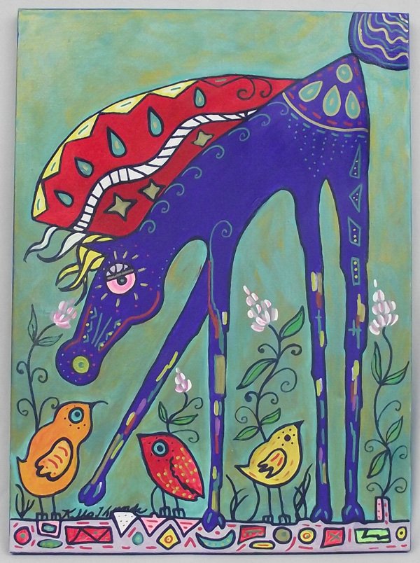 Original Acrylic ''4th July Baby'' -- Kills Thunder: 2013 Original Acrylic ''4th July Baby'' -- Kills Thunder, bright colorful palette which defines Kills Thunder's pieces, painting depicts vibrant pony accompanied by his little bird friends, measures 2