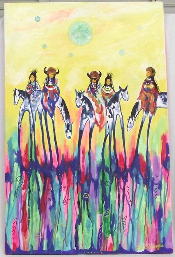 Original Acrylic ''Buffalo Soldiers''- Kills Thunder: 2013 Original Acrylic ''Buffalo Soldiers''- Kills Thunder, painting depicts band of Buffalo Soldiers in full regalia, bright colorful palette which defines Kills Thunder's pieces, bottom 1/3 of painti