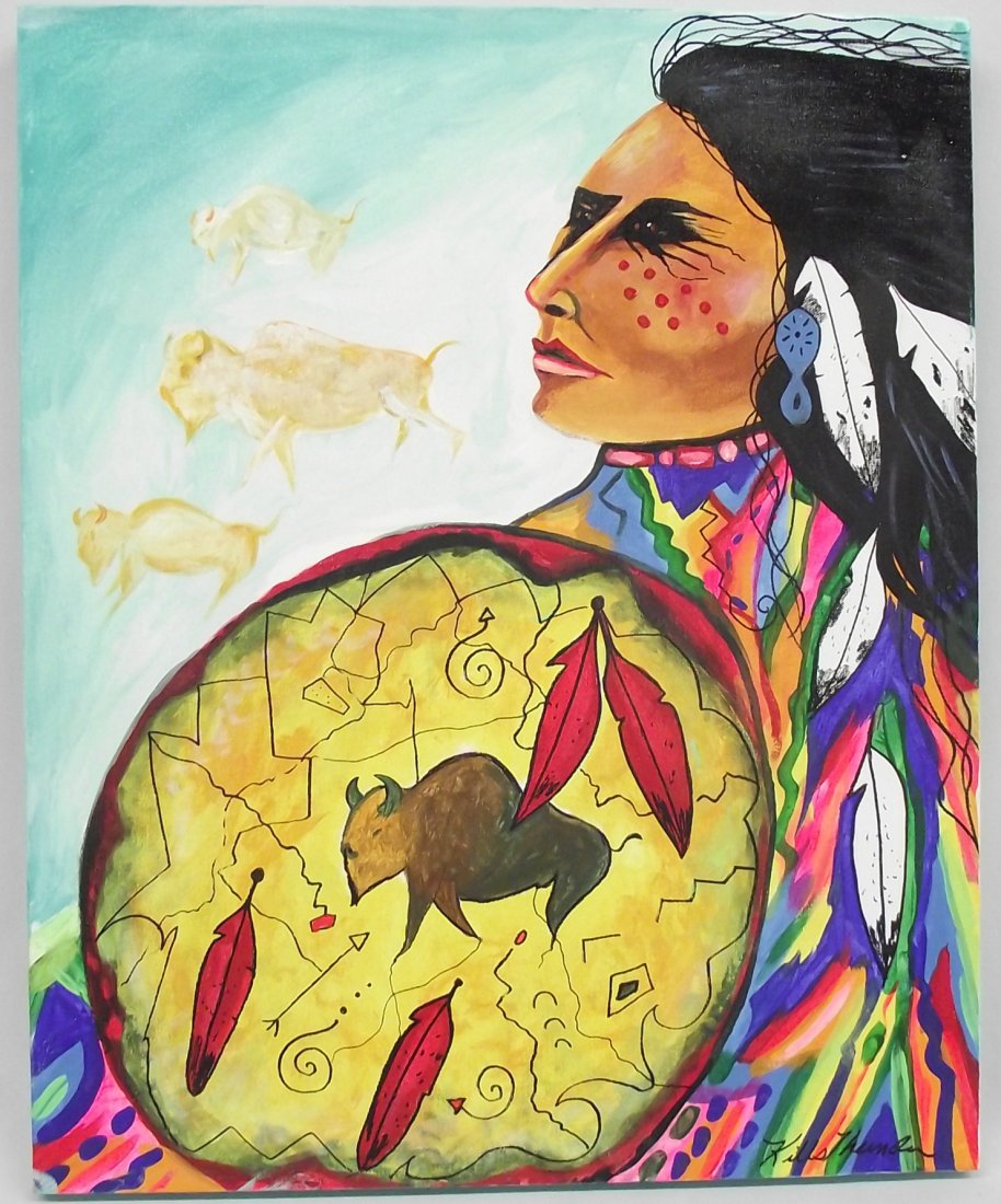 Original Acrylic Painting- Kills Thunder: Original Acrylic Painting- Kills Thunder. 24''H x 20''W entitled ''Sitting Bull's Vision''. Signed, dated and painted in the bold colorful style traditional to this Arizona artist.