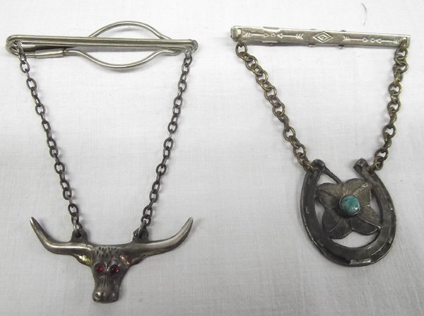 Antique Estate Cowboy Tie Bars: Antique Estate Cowboy Tie Bars. Great vintage pieces! A long horn bull with ruby eyes, marked ''Sterling'' ''Don Picardo'' along with the owners name. The second piece is a horseshoe, not marked, with