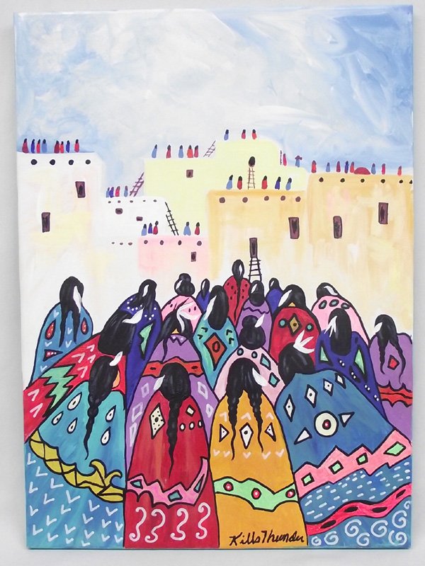 Original Acrylic Painting - Kills Thunder: Original Acrylic Painting - Kills Thunder. Measures 24''W x 20''H. ''The Calling of the Clan''. Signed, dated and painted in the bold colorful style traditional to this Arizona artist.