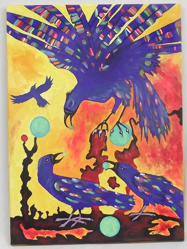 Original Acrylic Painting ''Fire Birds'' -- K Thunder: Original Acrylic Painting on Canvas ''Fire Birds'' -- Kills Thunder, bright palette indicative of Kill's Thunder's work, piece depicts vibrant ''Fire Birds'' with green orbs, measures 18'' x 24''