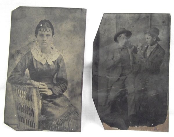 Antique Tin Types of Western Settlers: 2 Antique Tin Types of Western Settlers. One photograph is of a lovely young lady and the other is two young men in a posed ''tough guys'' stance with arms raised and fists clenched, ready for a fight